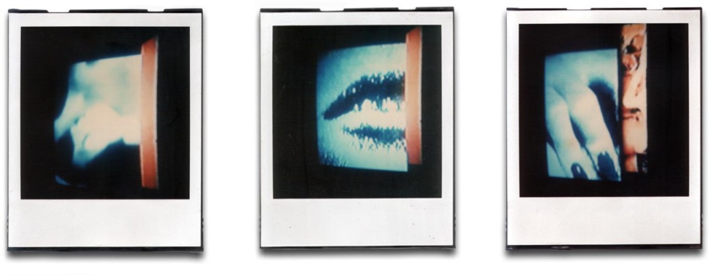 André Werner, TV-BLUE (triptych), SX70 polaroid, mounted on polaroid cartridge, 1988 | Installation view