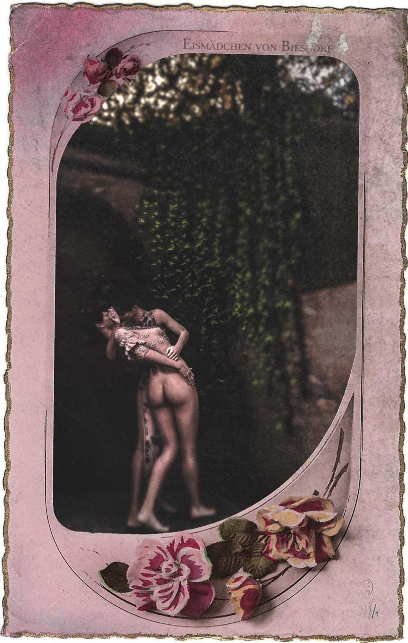 Galante Postkarte, ca. 1914. Künstlerische Darstellung eines Frauenpaares am Eiskeller Biesdorf. Quelle: UCLA, Dep. fof historic gender studies.
