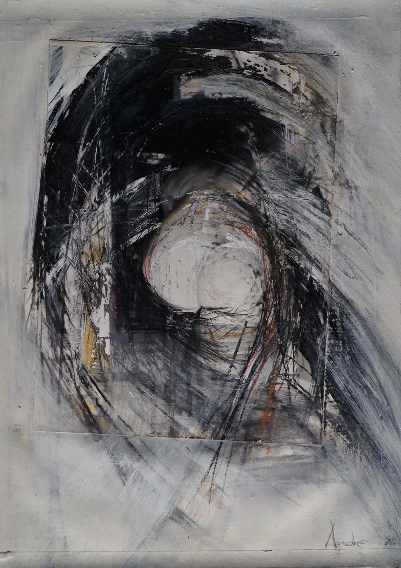 André Werner, untitled (into the black), mixed media, painting on black and white photograph, 35 x 25 cm, on A3 paper sheet, 1988
