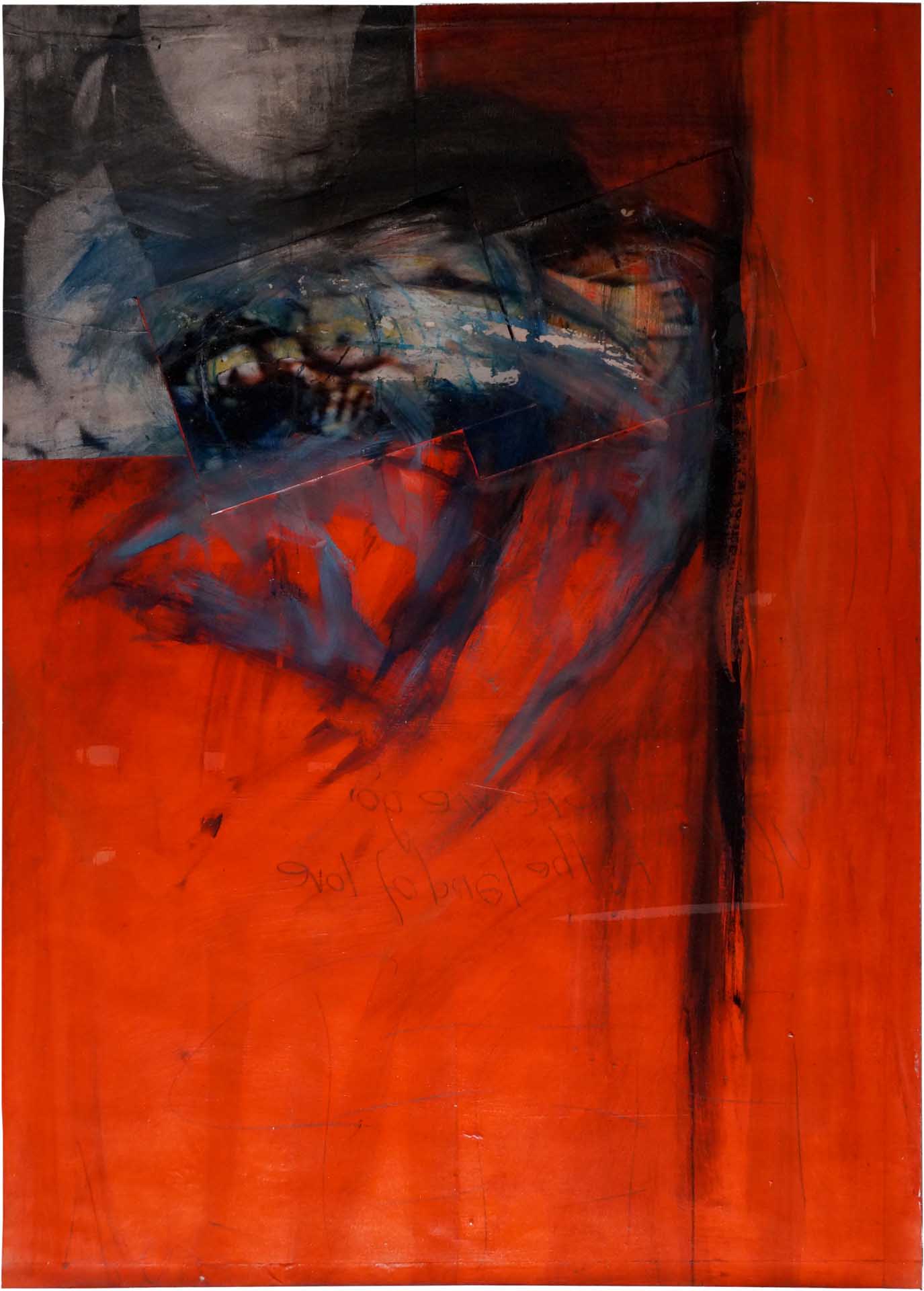 André Werner, untitled (red and blue II), mixed media, painting, drawing on photography, video stills, 70 x 50 cm