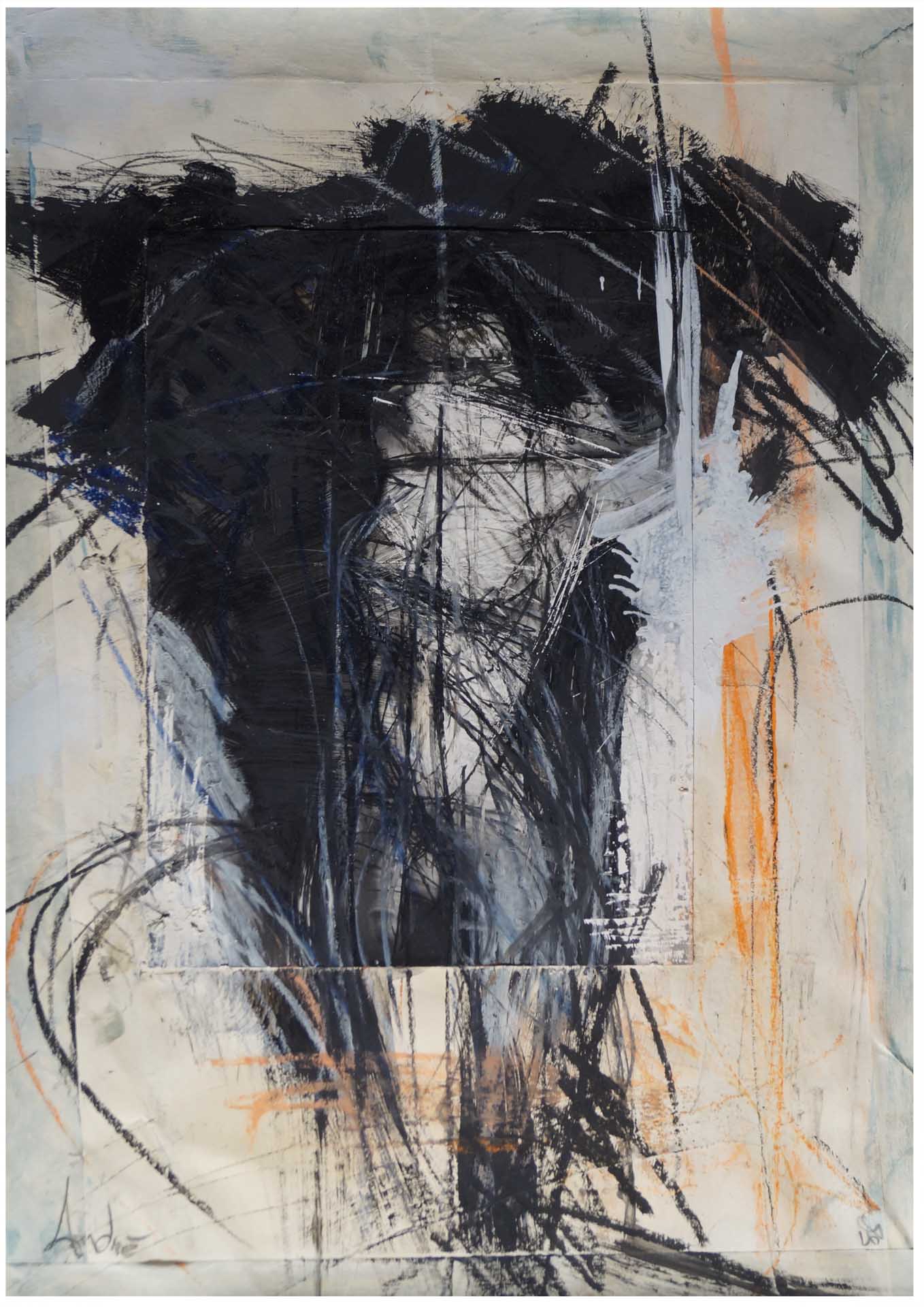 André Werner, untitled (boy in black), mixed media, painting on photograph, 42 x 29,7 cm, A3, 1988