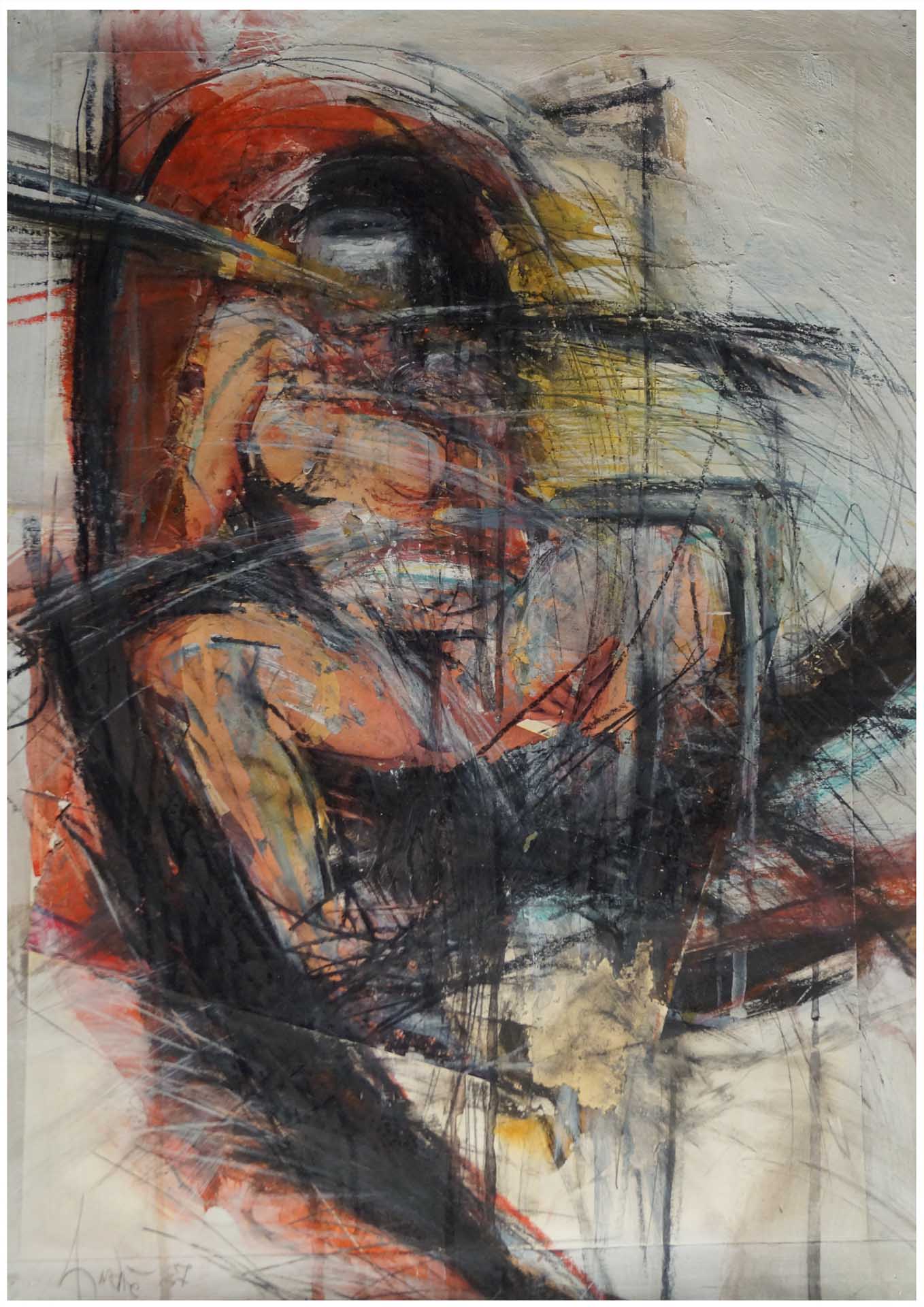 André Werner, untitled (nude girl sitting), mixed media, painting on photograph, 42 x 29,7 cm, A3, 1988
