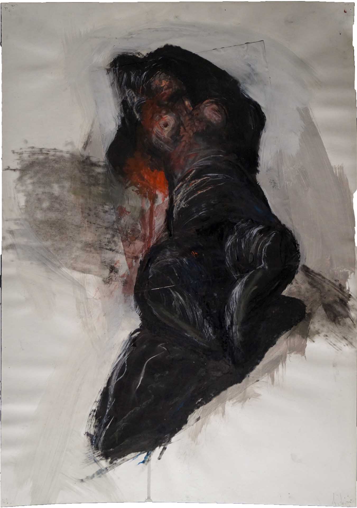 André Werner, untitled (girl reclining in black), mixed media, painting, drawing on photography on paper, full size 70 x 50 cm