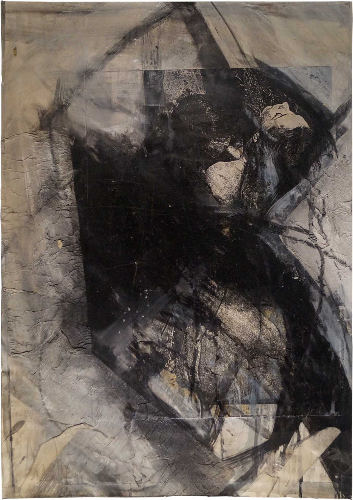 André Werner, untitled (girls kissing in black), mixed media, painting, drawing on photocopy on paper, 70 x 50 cm